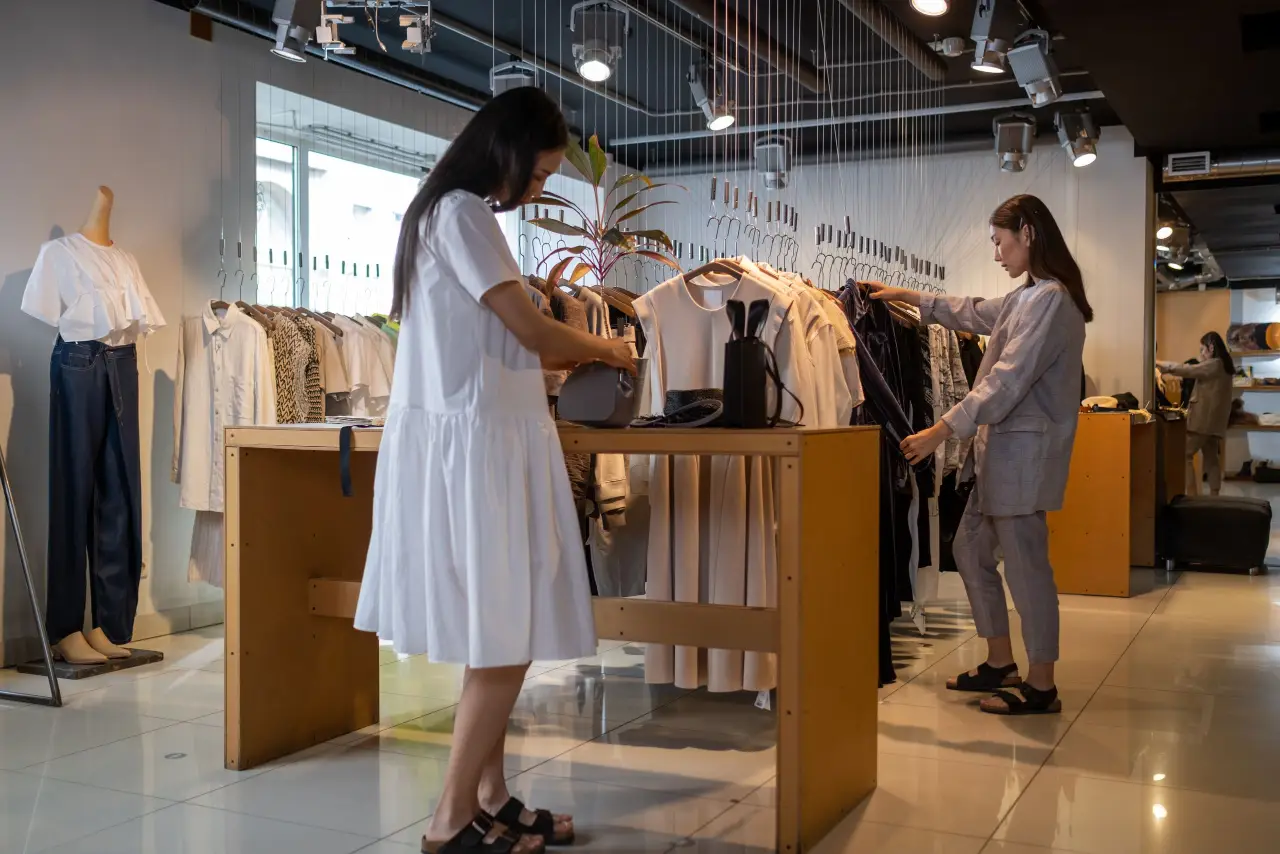 Interior de una tienda de moda con percheros de ropa y dos personas mirando prendas.